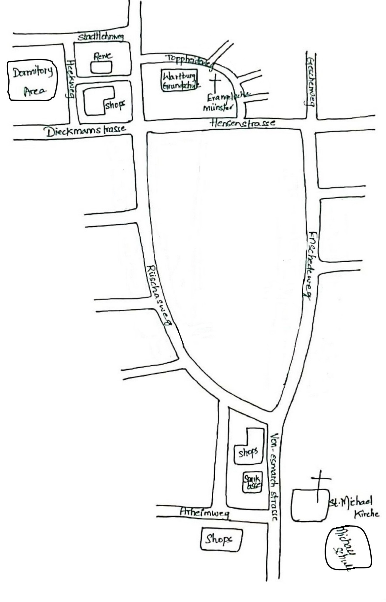 Detailed hand-drawn sketch map showing streets, shops, schools and churches in Gievenbeck